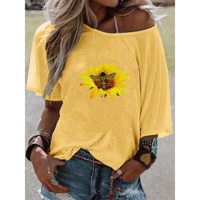 Women Other | Flower Bee Print Off-shoulder Short Sleeve T-shirt For Women - RA91323