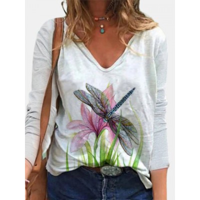 Women Other | Flower Dragonfly Print Long Sleeve V-neck Blouse For Women - PL38949