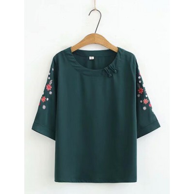 Women Other | Flower Embroidered Frog Button Short Sleeve T-shirt - CF34001
