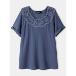Women Other | Flower Lace Patchwork Embroidery Ribbed Hollow Out Casual T-Shirt - TM46619