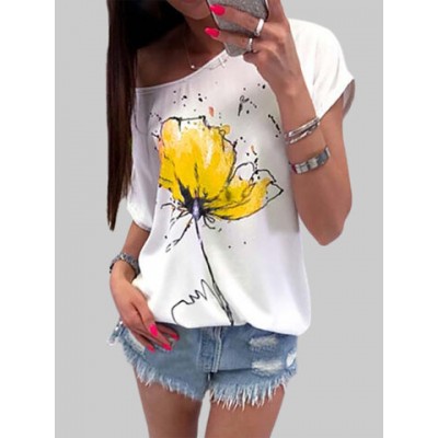 Women Other | Flower Print Short Sleeve O-neck Casual T-shirt For Women - EY27245