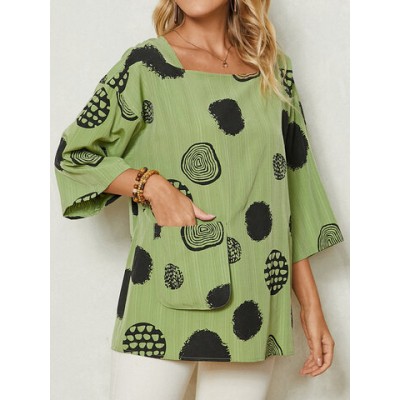 Women Other | Geo Print Pocket Square Collar 3/4 Sleeve Loose T-shirt - FS08768