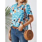 Women Other | Geometric Print Lapel Short Sleeve Button Blouse For Women - GO23988