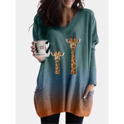 Women Other | Giraffe Gradient Printed Long Sleeve V-neck T-shirt For Women - JP76011
