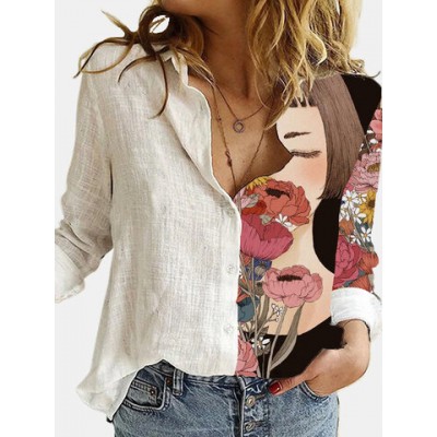 Women Other | Girl Flower Printed Long Sleeve Turn-down Collar Patchwork Blouse For Women - MW07533