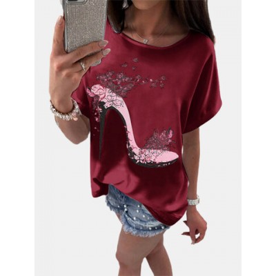 Women Other | High Heels Flower Print Short Sleeves O-neck Casual T-shirt  For Women - SX71779