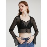 Women Other | Lace See Through Flounce Sleeve V-neck Crop Top - RY18439