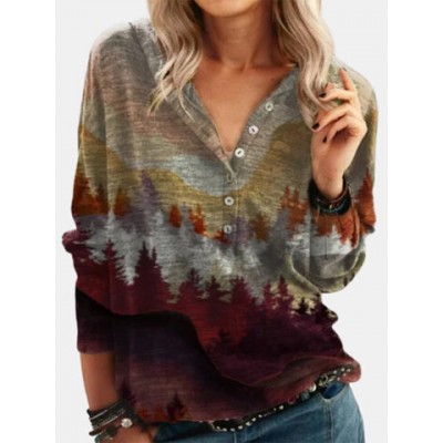Women Other | Landscape Print Button Hooded Long Sleeve Blouse For Women - WR24599