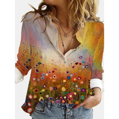 Women Other | Landscape Printed Long Sleeve Turn-down Collar Blouse For Women - GU01880