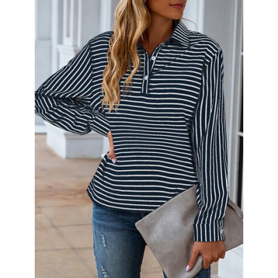 Women Other | Lapel Button Stripe Print Long Sleeve Loose Blouse For Women - SJ58157