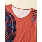 Women Other | Leaves Print Short Sleeve V-neck T-shirt for Women - JX48512
