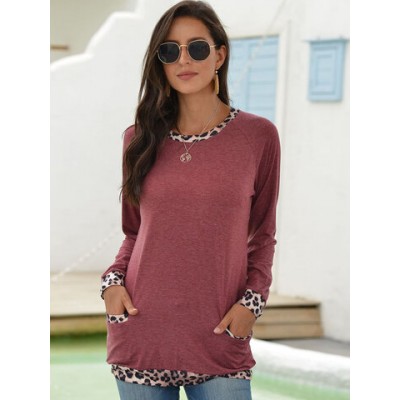 Women Other | Leopard Print Long Sleeves Casual T-shirt With Pocket - XL65996