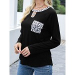 Women Other | Leopard Stitch Pocket Long Sleeve Hollow O-neck T-shirt - CG06150