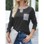 Women Other | Leopard Stitch Pocket Long Sleeve Hollow O-neck T-shirt - CG06150