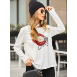 Women Other | Lips Letters Graphic Hollow Long Sleeve Crew Neck T-shirt - FW61665