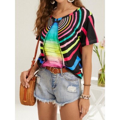 Women Other | Multi-color Stripe Circle Print Short Sleeve V-neck T-Shirt For Women - RZ18415