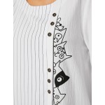 Women Other | Multi-Striped Cartoon Cat Pattern Print Button Casual Blouse for Women - ZT71504