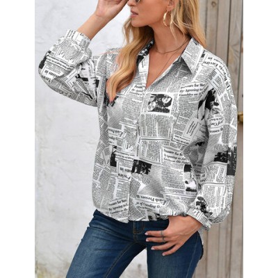Women Other | Newspaper Print Lapel Loose Button Long Sleeve Women Shirt - TX44710