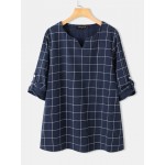 Women Other | Plaid Print Button V-neck Long Sleeve Casual Blouse for Women - CI11608