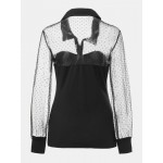 Women Other | Sexy Patchwork Slim See Through Mesh Sheer Lapel Blouse - YV84067