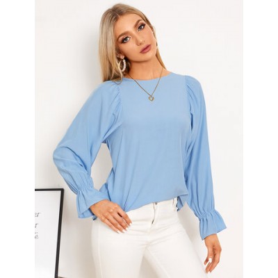 Women Other | Solid Bell Sleeve Crew Neck Blouse For Women - PR23729
