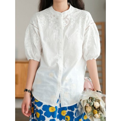 Women Other | Solid Color Button Embroidery Half Sleeve Stand Collar Blouse - CJ37377