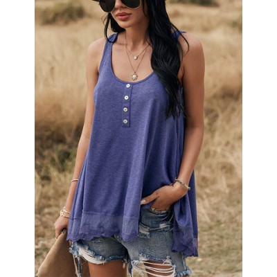 Women Other | Solid Color Button Patchwork Sleeveless O-neck Tank Top For Women - YV87827