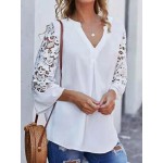 Women Other | Solid Color Lace Patchwork 3/4 Sleeve V-neck Blouse - BA49673