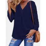 Women Other | Solid Color Lace Patchwork 3/4 Sleeve V-neck Blouse - BA49673