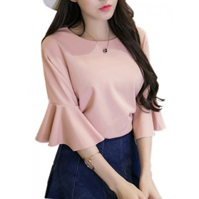 Women Other | Solid Color O-neck Bell Sleeve T-shirts - PG56761
