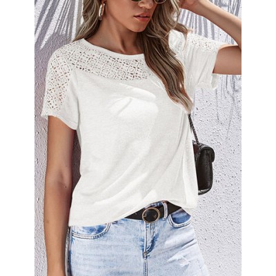 Women Other | Solid Color O-neck Hollow Short Sleeve Women T-shirt - QM34977