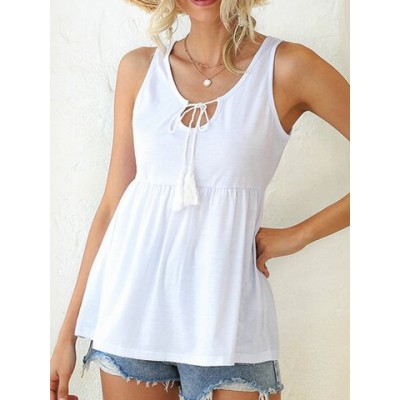 Women Other | Solid Color O-neck Knotted Tassel Sleeveless Women Tank Top - MK21459