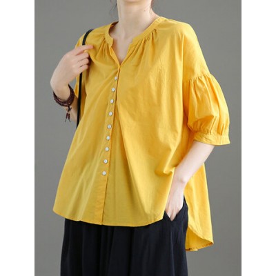 Women Other | Solid Color O-neck Loose Half Sleeve Button Vintage Blouse - QA14655