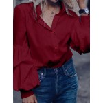 Women Other | Solid Color Turn Down Collar Button Down Bishop Blouse - JH14647