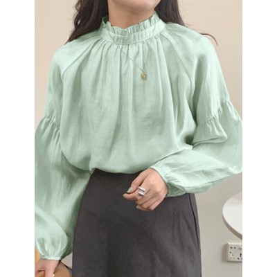Women Other | Solid Drop Shoulder Loose Stand Collar Long Sleeve Blouse - EG91848
