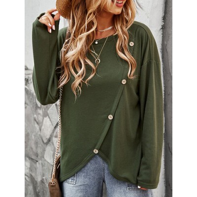 Women Other | Solid Long Sleeve O-neck Button T-shirt for Women - XZ17521