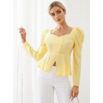 Women Other | Solid Oblique Button Puff Sleeve Square Collar Blouse - MO13245