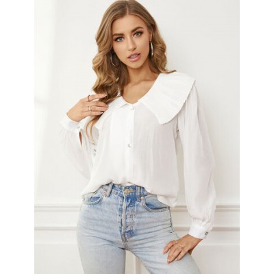 Women Other | Solid Pleated Peter Pan Collar Button Long Sleeve Blouse - BE57665
