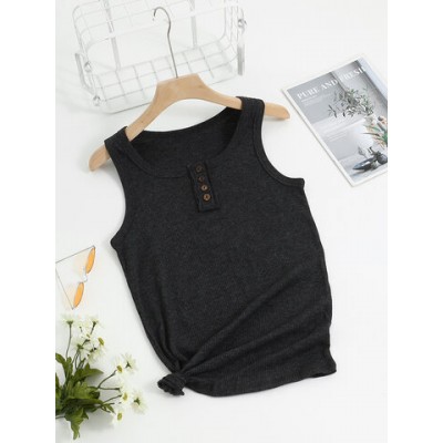 Women Other | Solid Ribbed Knit Sleeveless Button Crew Neck Tank Top - VW97166