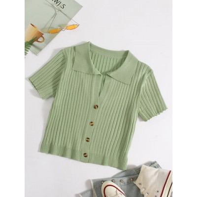 Women Other | Solid Short Sleeve Lapel Button Knit Crop Top - IP55226