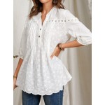 Women Other | Solid Stand Collar Button 3/4 Sleeve Lace Patchwork Pleated Women Blouse - MT60140