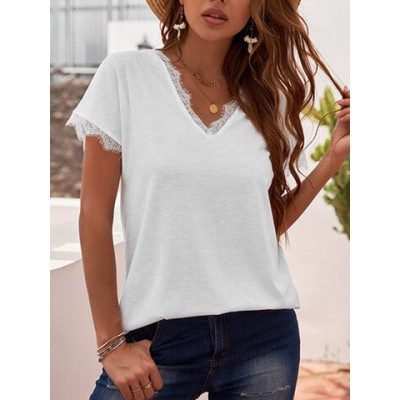 Women Other | Solid V-neck Lace Patchwork Short Sleeve Women T-shirt - WQ42530