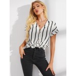 Women Other | Stripe Print Button V-neck Short Sleeve Blouse For Women - HV33271
