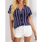 Women Other | Stripe Print Button V-neck Short Sleeve Blouse For Women - HV33271