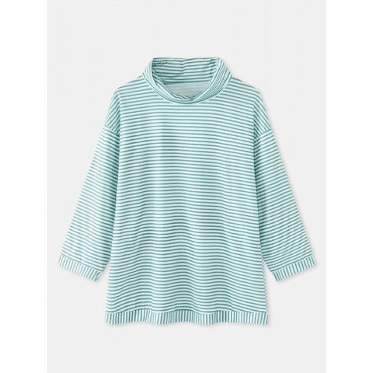 Women Other | Striped Print High Neck 3/4 Length Sleeves Loose Casual Blouse - ML33799