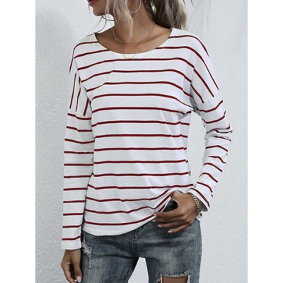 Women Other | Striped Print O-neck Long Sleeve Casual Base T-shirt for Women - PN55856