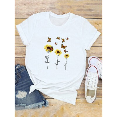Women Other | Sunflower Butterflies Print Short Sleeve T-shirt For Women - HR25964