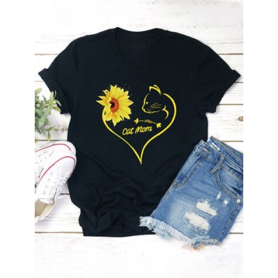 Women Other | Sunflower Cat Print Short Sleeve Causal T-shirt For Women - NY07527
