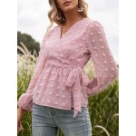 Women Other | Swiss Dot Long Sleeve V-neck Knotted Women Solid Blouse - YT37812