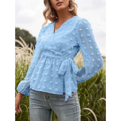 Women Other | Swiss Dot Long Sleeve V-neck Knotted Women Solid Blouse - YT37812